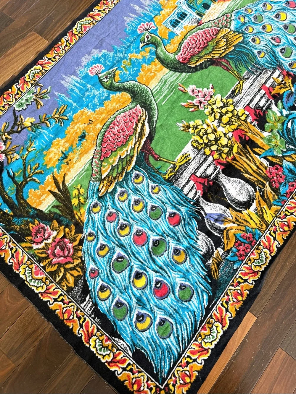 Vintage Double Peacock Wall Hanging Tapestry Cotton Velvet Tone Turkey 55 X 37